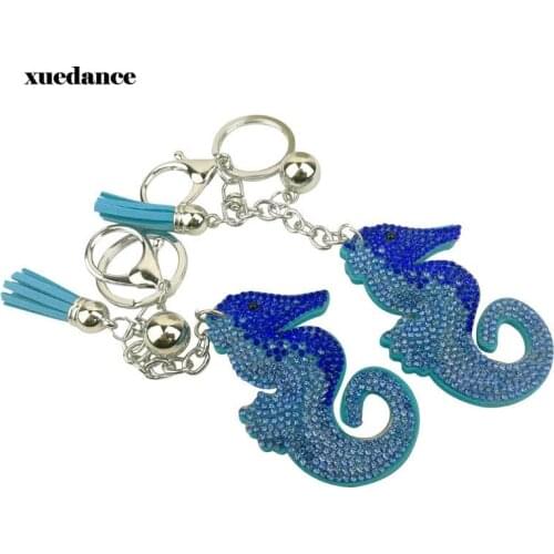 Full Crystal Rhinestone Seahorse Keychain Car keyrings Womens bags Decoration Accessories horse Pendants Jewelry
