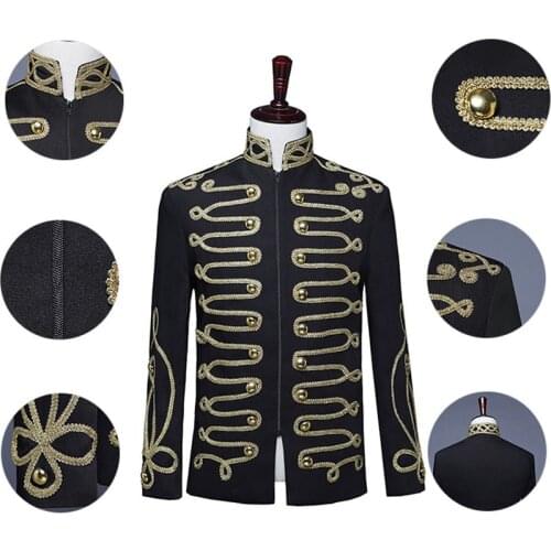 Mens Deluxe Steampunk Military Drummer Blazer Jacket Stand Collar Zipper Punk Gothic Parade Jacket Men Prom Vintage Suit Jacket
