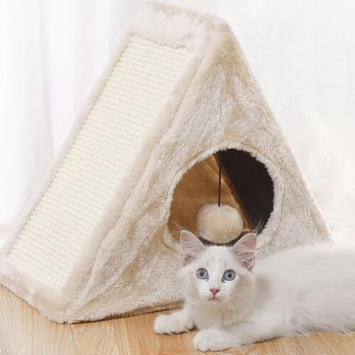 Pet Cat Bed House Foldable Cat Tent With Cat Scratcher Board Warm Cat Cave Puppy Sleeping Mats Washable Winter Pet Products