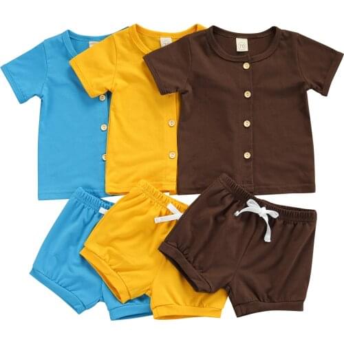 0-24M Summer Baby Boys set Solid Button Short Sleeve T shirt + Lovely Shorts 2pcs Clothing Set