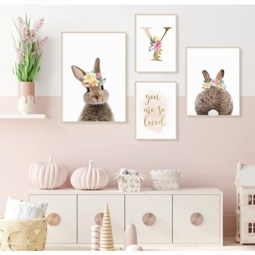 Kawaii Tail Bunny Initial Letter Custom Pink Flower Canvas Painting Girl Nursery Wall Art Poster Print Kids Room Home Decoration