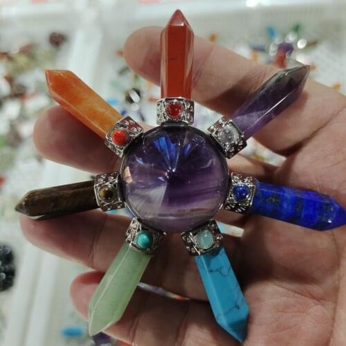 Creative Pyramid Crystal Energy Generator Stone Points Seven Directions Amethyst Stone for Healing Meditation Home Decoration