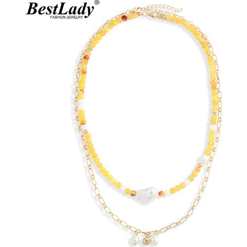 Best Lady Fashion Nature Pearls And Stone Necklaces for Women Trendy 2PCS Beaded Link Chain Necklace Dress Accessories Jewelry