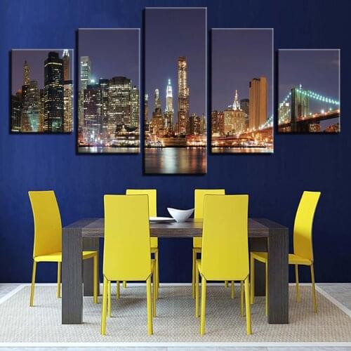 Modular Canvas Pictures Wall Art Framework 5 Pieces Brooklyn Bridge City Painting HD Prints Nightscape Poster Living Room Decor