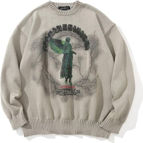 Men Hip Hop Knitted Jumper Sweaters Angel Lightning Printed Streetwear Harajuku Autumn Oversize Hipster Casual Pullovers