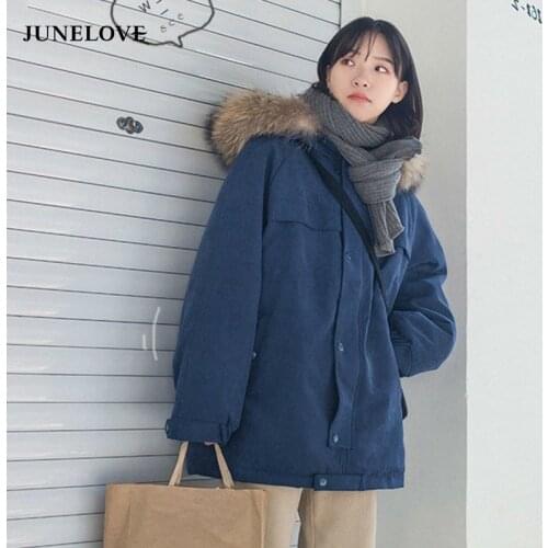 JuneLove Korean Loose Fur Collar Coat Female Harajuku Fashion Thick Warm Cotton Padded Clothes Winter Casual Solid Parkas Jacket