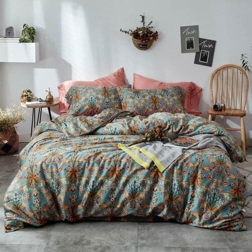 50 Yellow Bohemian Flowers Leaves High Count Egyptian Cotton Bedding Set Queen King Size Bedlinens Flat sheet Duvet Cover Set