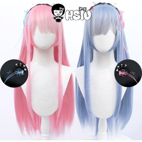 Rem cosplay Long wig Ram cosplay Long wig「HSIU 」Blue/pink gradient color long hair Fiber synthetic wig + Free headwear