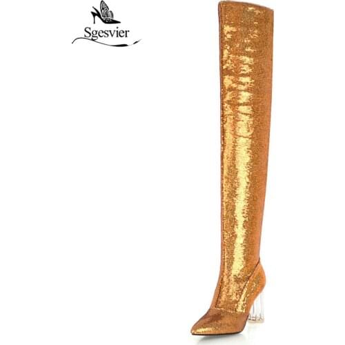 Sgesvier Bling Glitter Leather Over The Knee Boots Fashion Sequined Cloth Long Boot Female Glitter Thick Heel Shoe Woman OX833