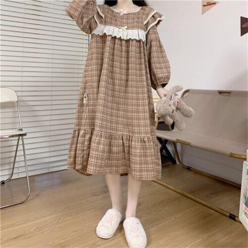 Spring New Chic Checkered Nightdress Retro Sleepdress Loose Casual Lady Long Sleeping Dress Women Plaid Nightgown Lace Ruffles
