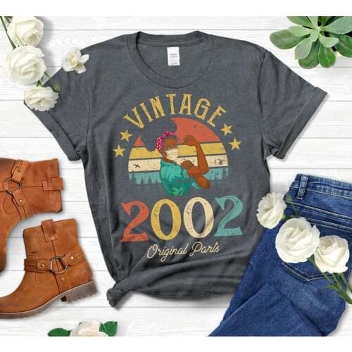 Vintage 2002 Original Parts T-Shirt African American Women with Mask 19th Birthday Gift Women Plus Size Cotton Clothes O Neck