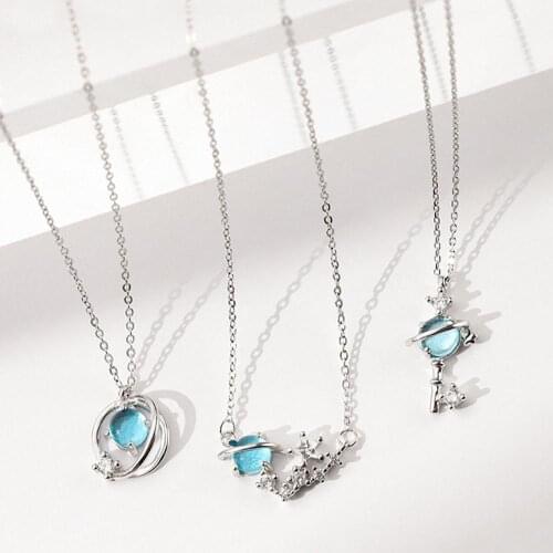 High quality silver plated universe planet pendant necklace magic star saturn blue crystal zircon Clavicle Chain Choker necklace