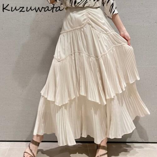 Kuzuwata Japanese Sweet Temperament Office Lady Faldas Empire Solid Ruffles Mid-Calf Skirts 2021 Spring Summer Woman Bottoms