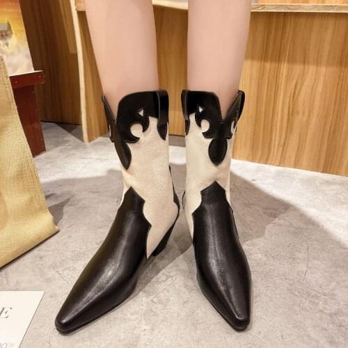 Female Autumn White Cowboy Vintage Western Ankle Short Cowgirl Boots Retro High top Shoes With Heel for Women Girl 2021 Cossacks