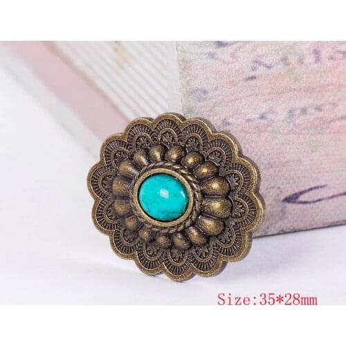 10PCS 35*28MM Oval Antique Brass Engraved Flower Green Turquoise Craft Conchos