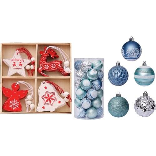 30Pcs 60Mm Xmas Tree Ball Hanging Ornament & 12 Pcs Wooden Pendants Angel Snowflake Deer Bell Five-Pointed Star Pattern