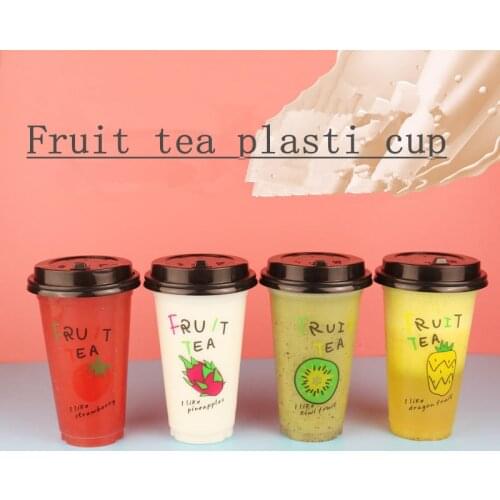 50pcs Creative cute fruit disposable cups party favorl transparent plastic cup 500ml tea juice takeaway packaging cups with lid