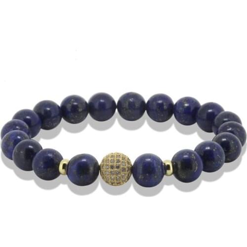 5pcs Hot 10mm round Lapis Lazuli stone beads men bracelet charm white cz bead paved rhinestones connector women bracelet