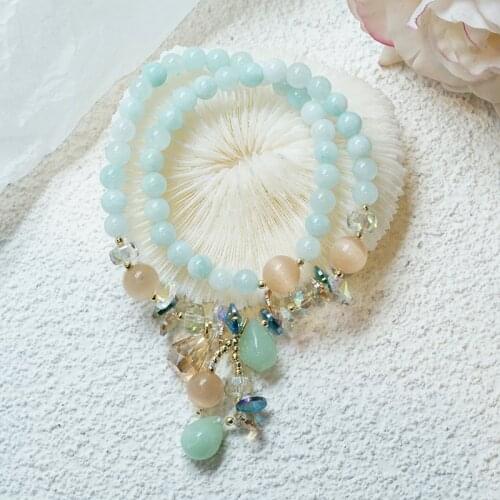 Handmade Double Circles 6mm Green/Yellow Stone Cats Eye Crystal Beads Strand Bracelets for Women Girls Fashion Jewelry YBR362