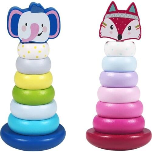 Wooden Stacking Rings Toy With Elephants Topper Developmental Blocks Toys Learning Educational Toys For Children Stack Up Toy
