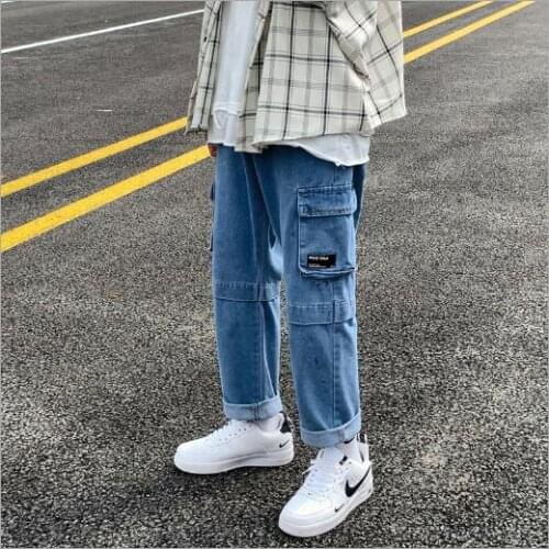 Hot Men Jeans Solid Straight Length Pockets Men Trousers Loose Mens Fashion Men Jeans All Match Daily Simple Jeans