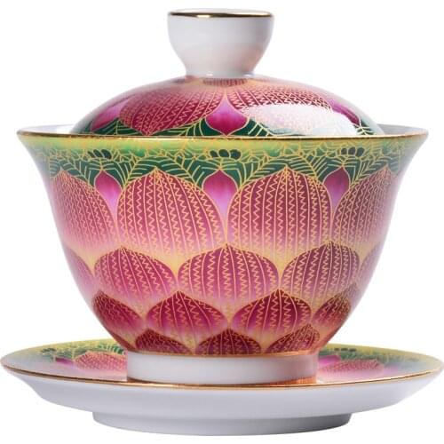 Enamel Lotus Tea Tureen Jingdezhen Porcelain Gaiwan Exquisite Color Tea Bowl with Saucer Lid Kit Master Teaware Drinkware Decor