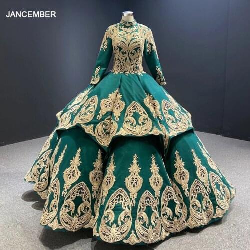 J66705 Elegant Golden Appliques Long Sleeve High Neck Muslim Evening Dress 2020 Ball Gowns Lace Up Back