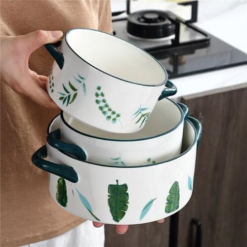 Ceramic Bowl Nordic Green Plants White Round 600/900/1400ML Binaural Big Bowl Bone China Tableware Household Kitchen Supplies