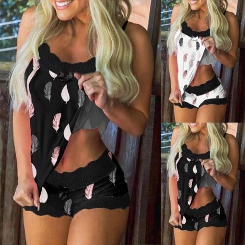 Lace Cami Pajamas Set Womens Print Pajamas Sleeveless Lace Cami Shorts Lingerie Sleepwear Set Fashion Sexy Комплект пижамы 2021