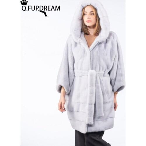Q.FURDREAM Women Ice Mink Fur Jacket With Hood Genuine Mink Fur Jacket With Hood High Quality Winter Thick Warm Overcoats