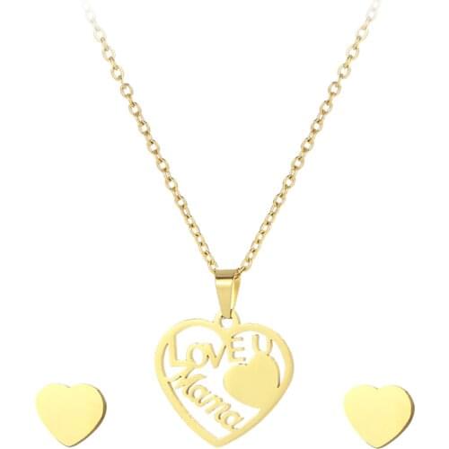 Love Mom Pendant with 2 Ear Stud Earrings for Women Stainless Steel