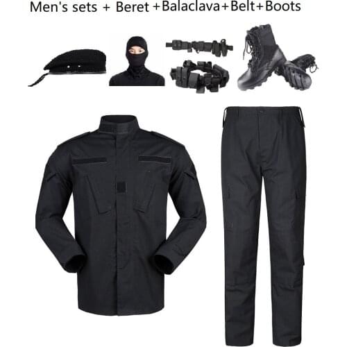 Mens Sets Black Army Uniform ACU Ribstop Military Uiforms Beret Balaclava Belts Boots Full Sets