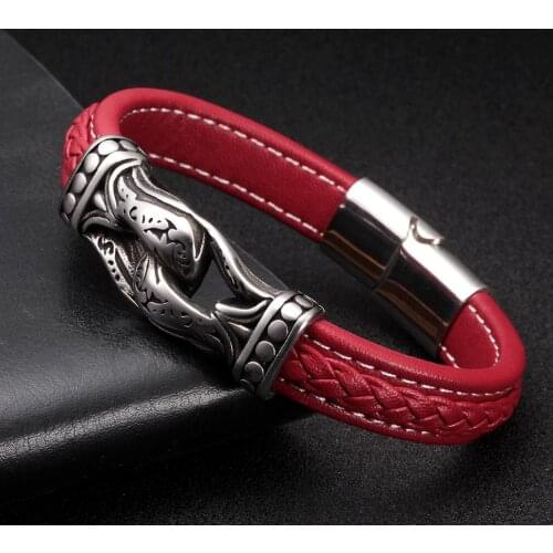 Men Boys Sporty Charm Soul Vintage Bracelets Braided Stainless Steel Chain Link Cuff Genuine Leather Bracelets