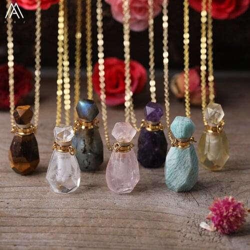 Natural Lemon Jades Lapis Stone Faceted Perfume Bottle Pendant Necklace Women Gems Stones Essential Oil Gold Chains Necklace