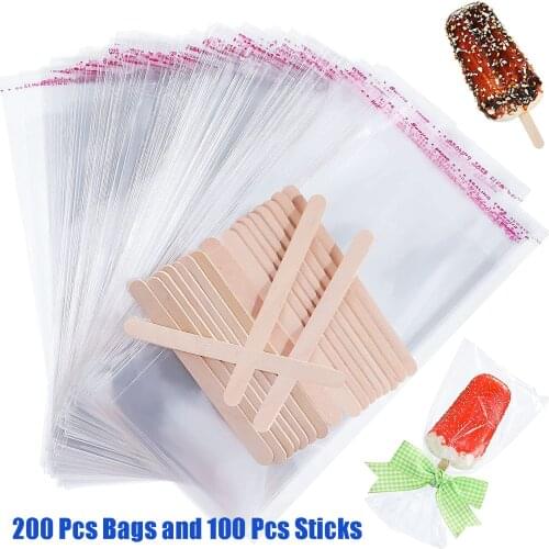 300 Pcs Popsicle Sticks and Pop Bags Set Ice Cream Clear Plastic Self-adhesive 8*20 cm Pouch with 11*1 cm Wooden Sticks