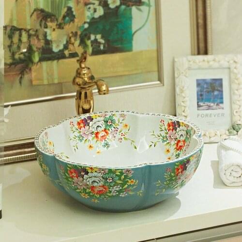 Europe Style Handmade bathroom sink bowl countertop Flower Shape Ceramic wash basin bathroom sink
