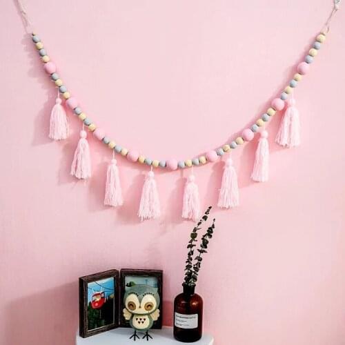 Nordic Childrens Room Decorations Crafts Wooden Handmade INS Kids Room Pink Tassel Hanging Tent Wood Beads Decoration Gift