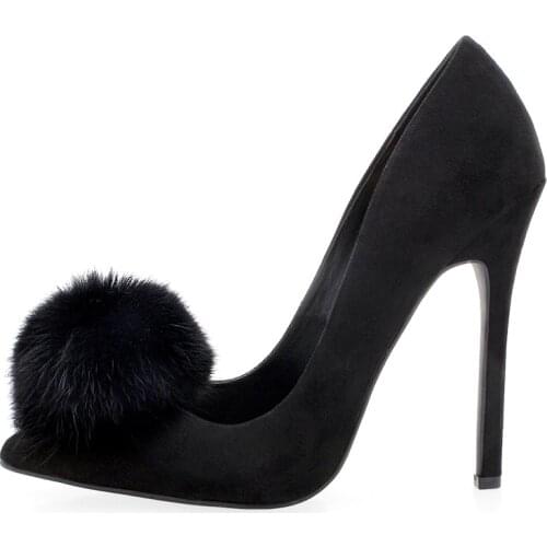Sexy Real Fur Big Ball High Heel Pumps Pointed Toe Suede Leather Thin Heels Fox Fur Pointed Toe Wedding Shoes