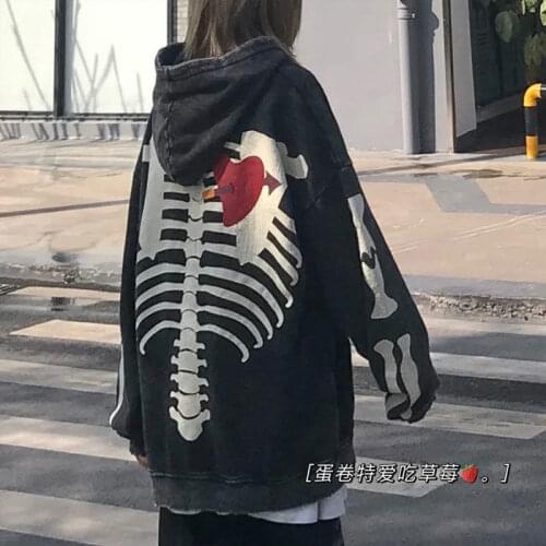Harajuku Hip Hop Vintage Outwear Black Hoodie Sweatshirt Female High Street Cartoon Skull Bones Print Women Korean Loose Clothes