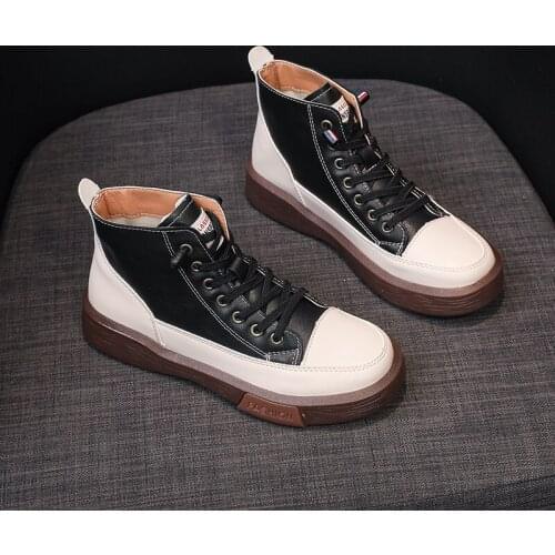 Women Sneakers Pu Leather Platform Shoes Elastic Shoelace Mixed Color Flats High Top Skateboard Shoes Cool Girl Casual Shoes