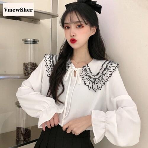 VmewSher New Spring Patchwork Women Blouse Mesh Embroidery Peter Pan Collar Long Sleeve Lady Elegant Pullover Sweet Blouse Top