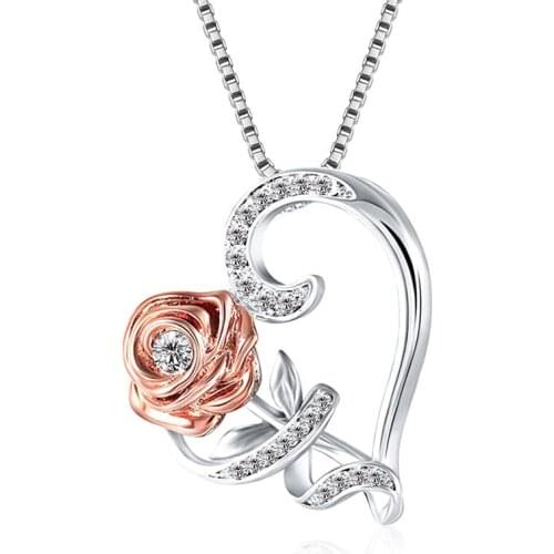 Rose Heart Shaped Pendant Necklace Romantic Valentines Day Womens Jewelry Elegant Wedding Clavicle Chain