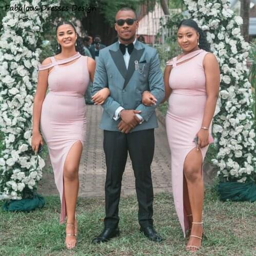 2021 Pink Ankle Length Bridesmaid Dresses Side Split Mermaid African Women Wedding Party Dress Robe De Soirée De Mariage