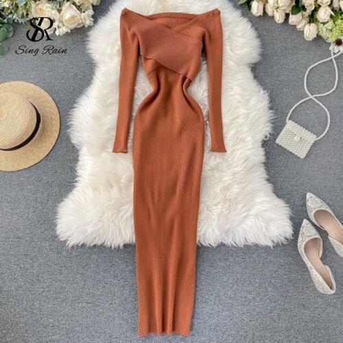 SINGRAIN Slash Neck Knitted Dress Women Sexy Off Shoulder Cross Elastic Warm Dress Autumn Winter Fashion Sweater Bodycon Dress