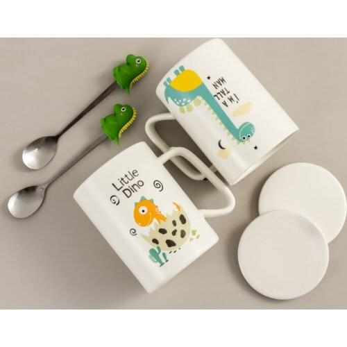 420ml CUTE Cartoon dinosaur Coffee Mug Creative Cute Couple Cup Milk Cup Office Cup with Lid Spoon Girl Gift Ceramic Cup