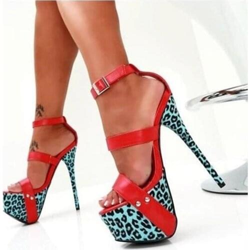 Sexy Blue Leopard Print Heels Sandals Red Leather Strap 16cm High Platform Dress Shoes Cut-out Patchwork Party Shoes Big Size 11