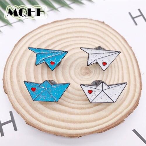 Cartoon Fun Love Airplane Boat White Blue Enamel Brooch Alloy Badge Denim Clothes Bag Pin Cute Sweet Woman Jewelry Gift