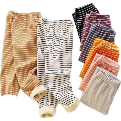 Childrens Plus Velvet Pants Boys Girls Striped Thicken Warm Trousers Baby Soft Pants Kids Pajama Bottoms 2021 Autumn Winter