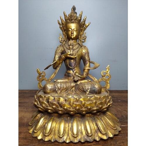 Home Decor 13"China Collection Old Bronze Gilt Vajrasattva Tibetan Buddha sit Double Lotus Terrace Enshrine the Buddha
