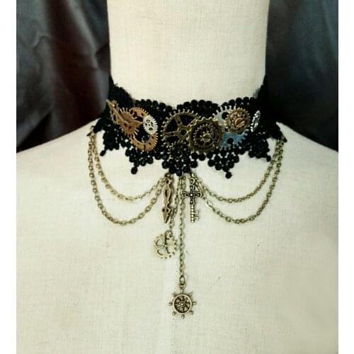 Gothic Steampunk Victorian Style Gear Cogs Black Lace Choker Goth Rudder Chain Necklace Handmade Retro